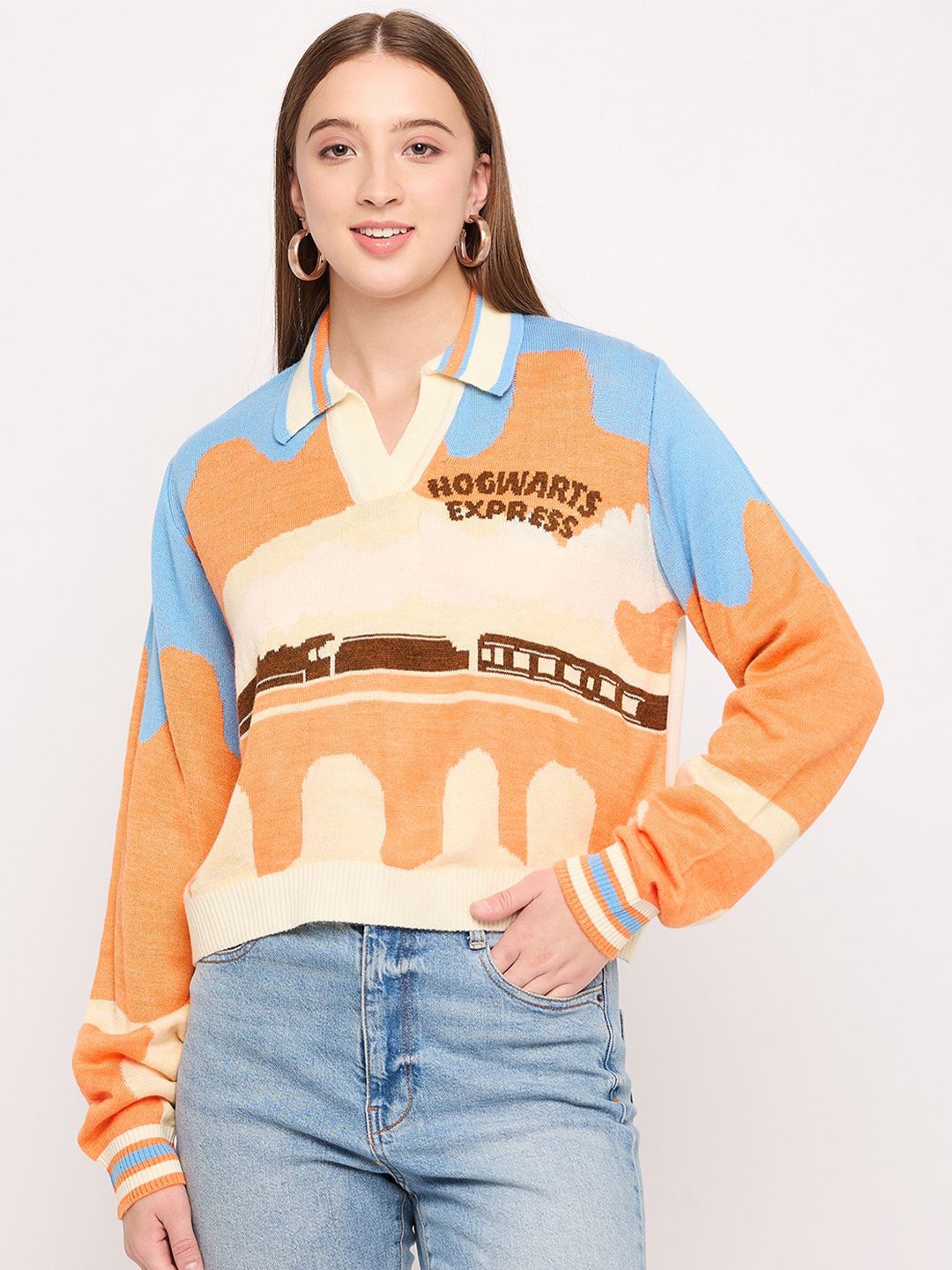 

GABBLE & WOLSH Women Printed Longline Pullover, Orange