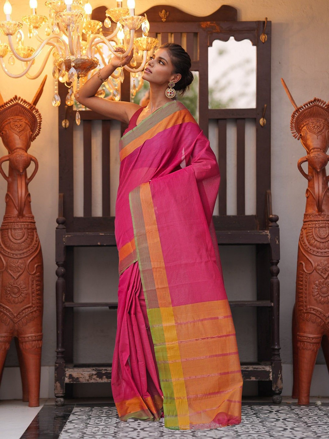 

Unnati Silks Pure Cotton Handloom Mangalagiri Saree, Pink