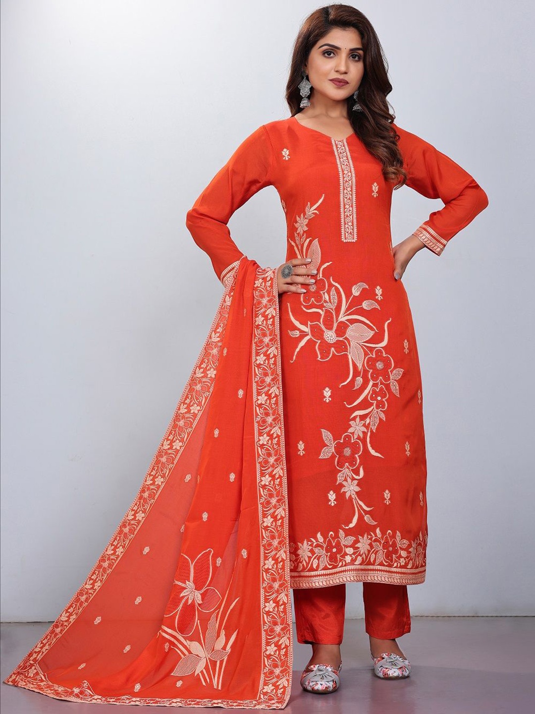 

JIVORA Floral Embroidered Regular Kurta With Trousers & Dupatta, Orange