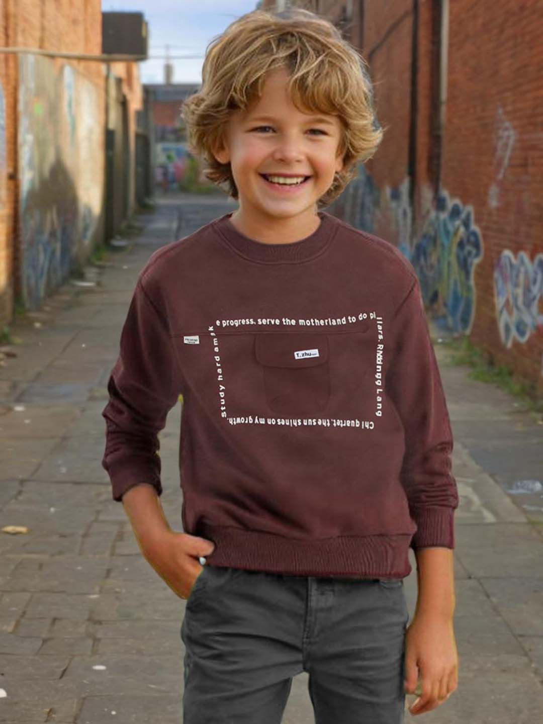 

INCLUD Boys Typography Printed Pullover Sweatshirt, Brown