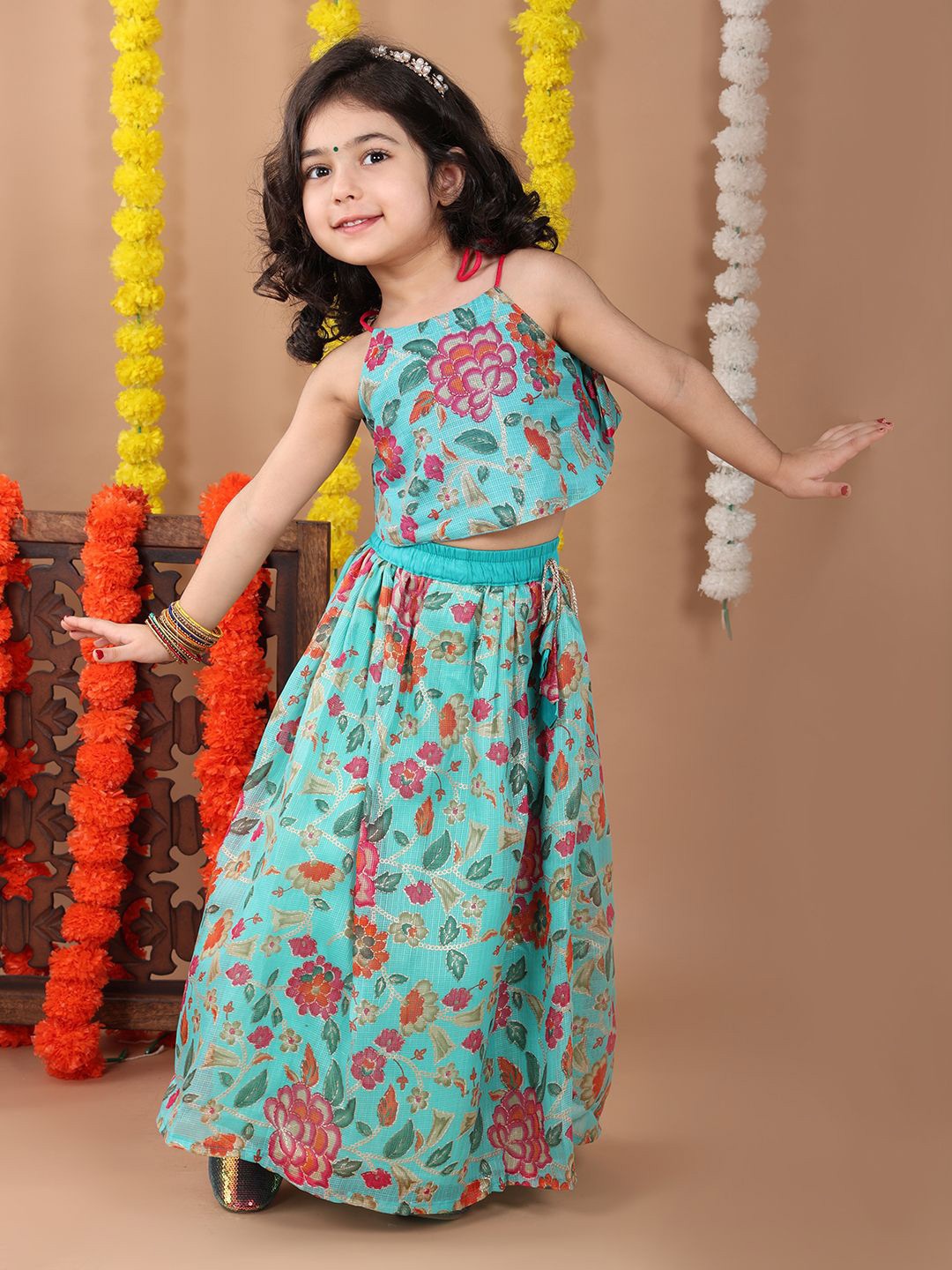 

Here&Now X Kinder Kids Girls Printed Ready to Wear Lehenga & Choli, Blue