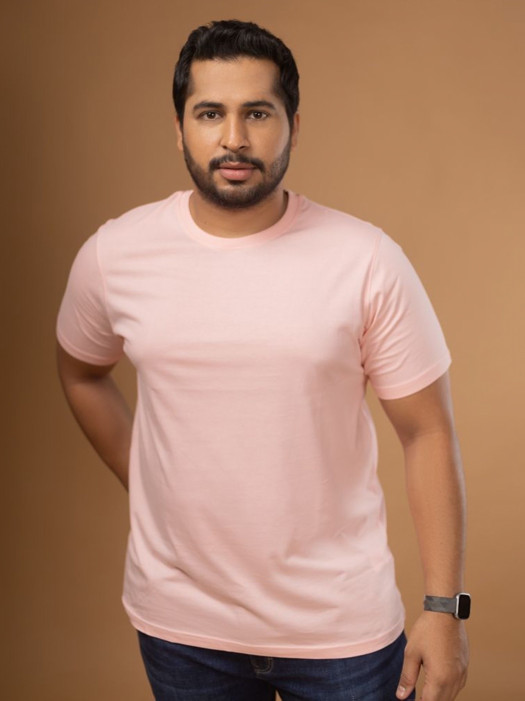 

Sizeupp Men Solid Round Neck Cotton T-shirt, Pink