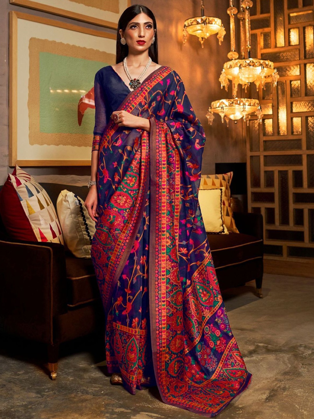 

ODETTE Woven Design Zari Saree, Navy blue