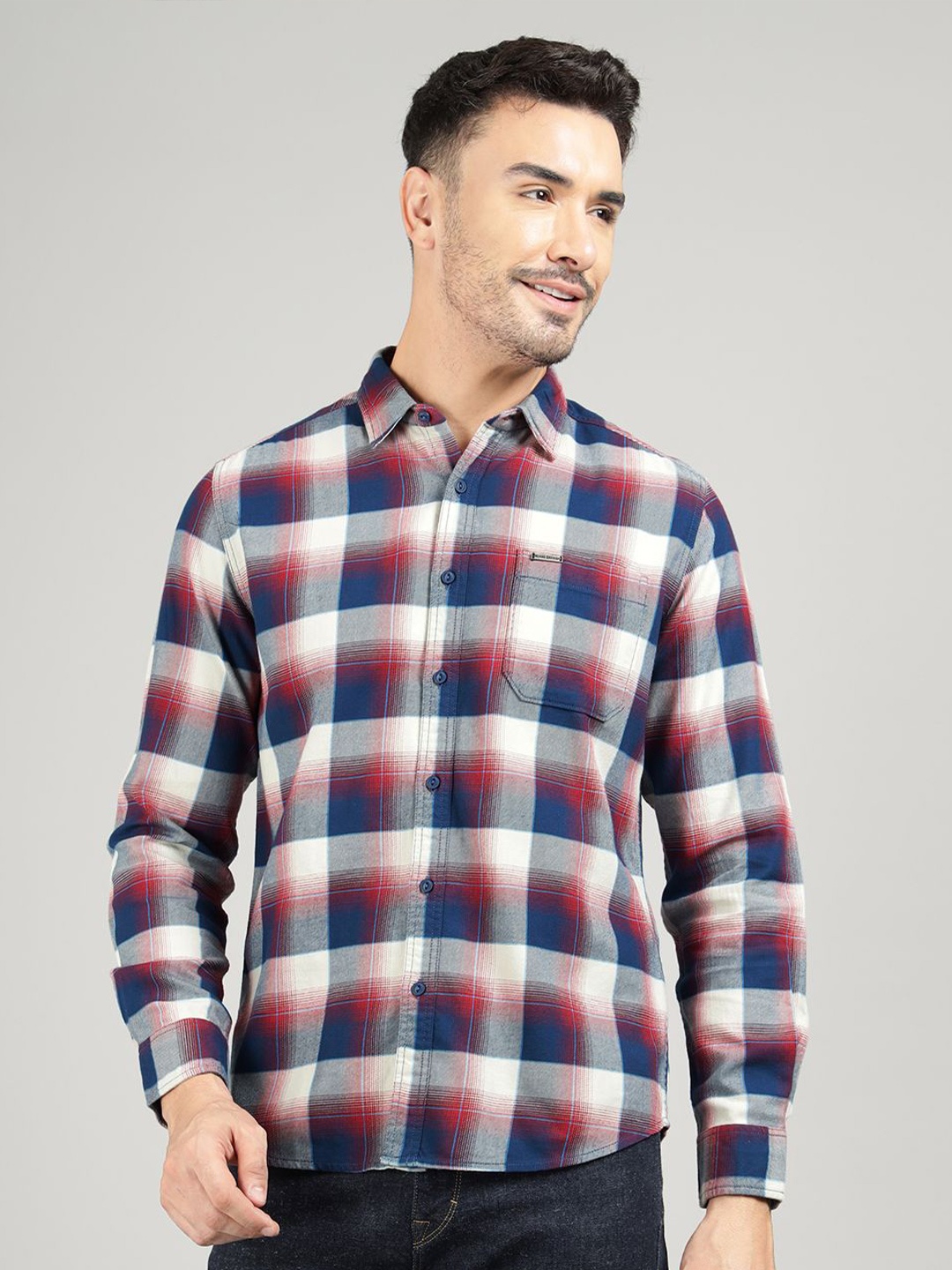 

Royal Enfield Men Spread Collar Tartan Checked Cotton Casual Shirt, Red