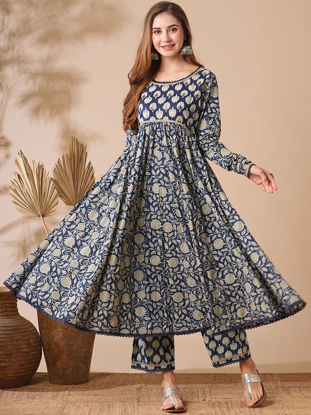 

FASHOR Floral Printed Pleated Pure Cotton Anarkali Kurta With Palazzos, Blue