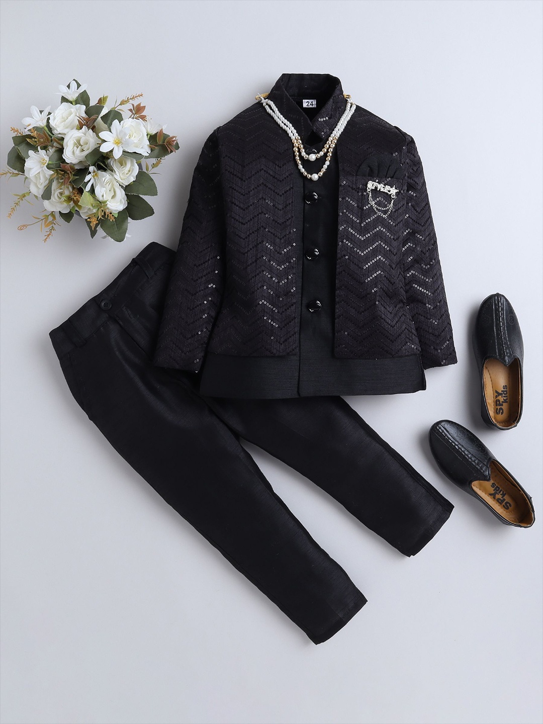 

FOURFOLDS Boys Embellished Sequinned Mandarin collar Bandhgala Blazer With Trouser, Black