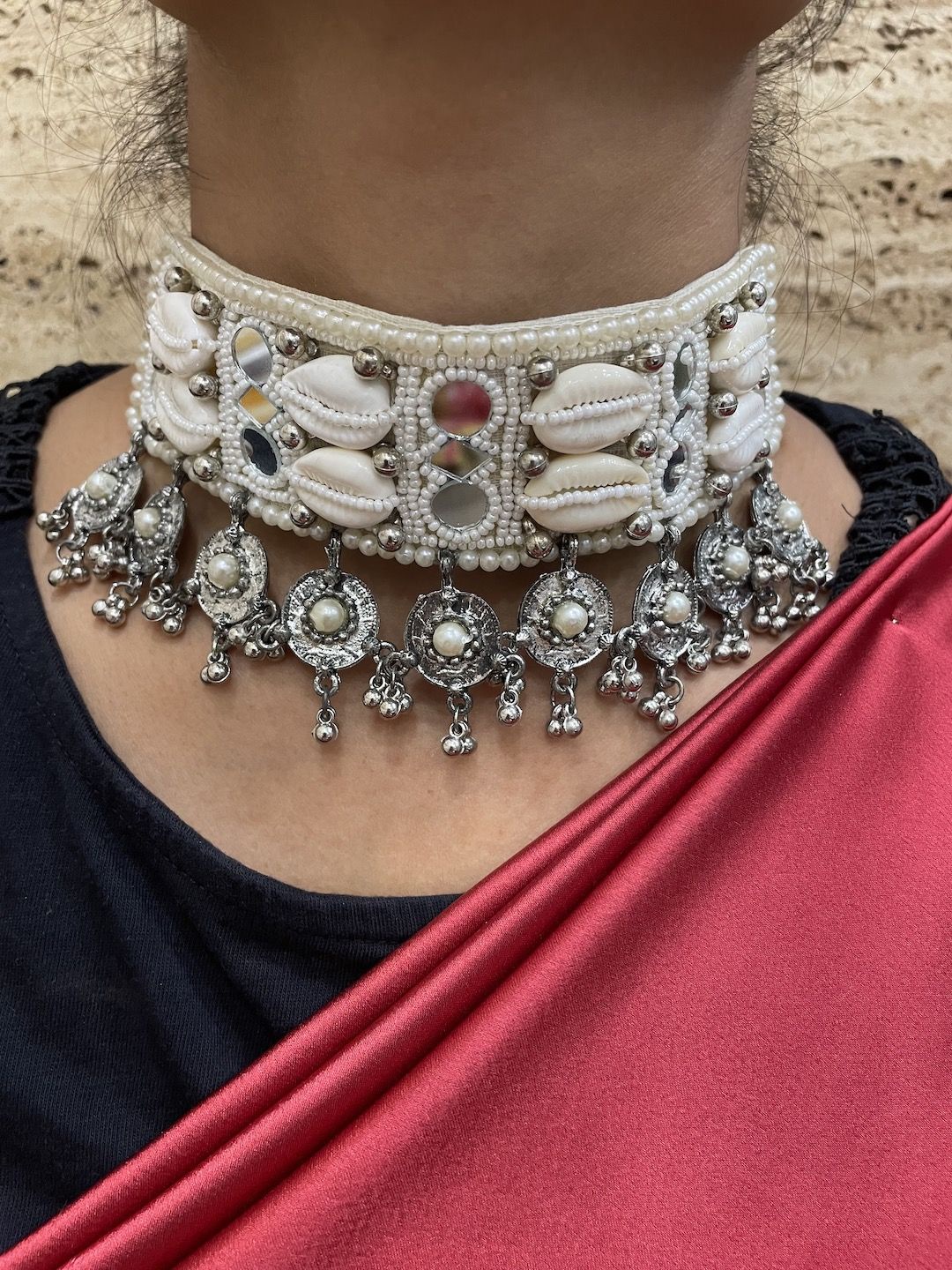 

Digital Dress Room Brass Choker Mirror Work With Sea Shells Necklace, White