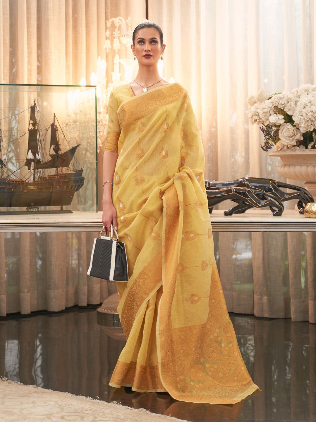 

ODETTE Woven Design Zari Saree, Yellow