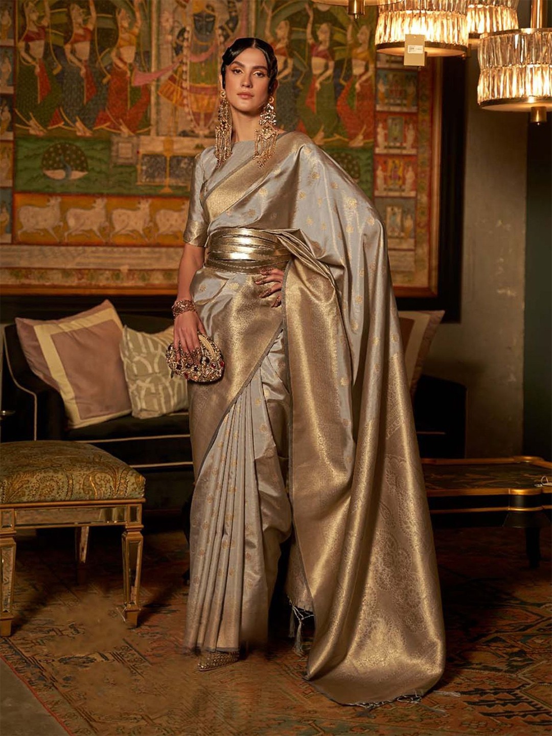 

ODETTE Woven Design Zari Saree, Grey