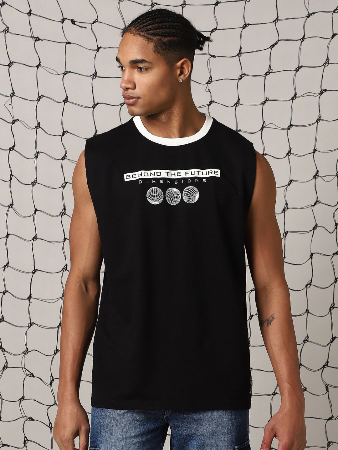 

Hubberholme Men Graphic Printed Round Neck Cotton Oversized Vest Sleeveless T-shirt, Black