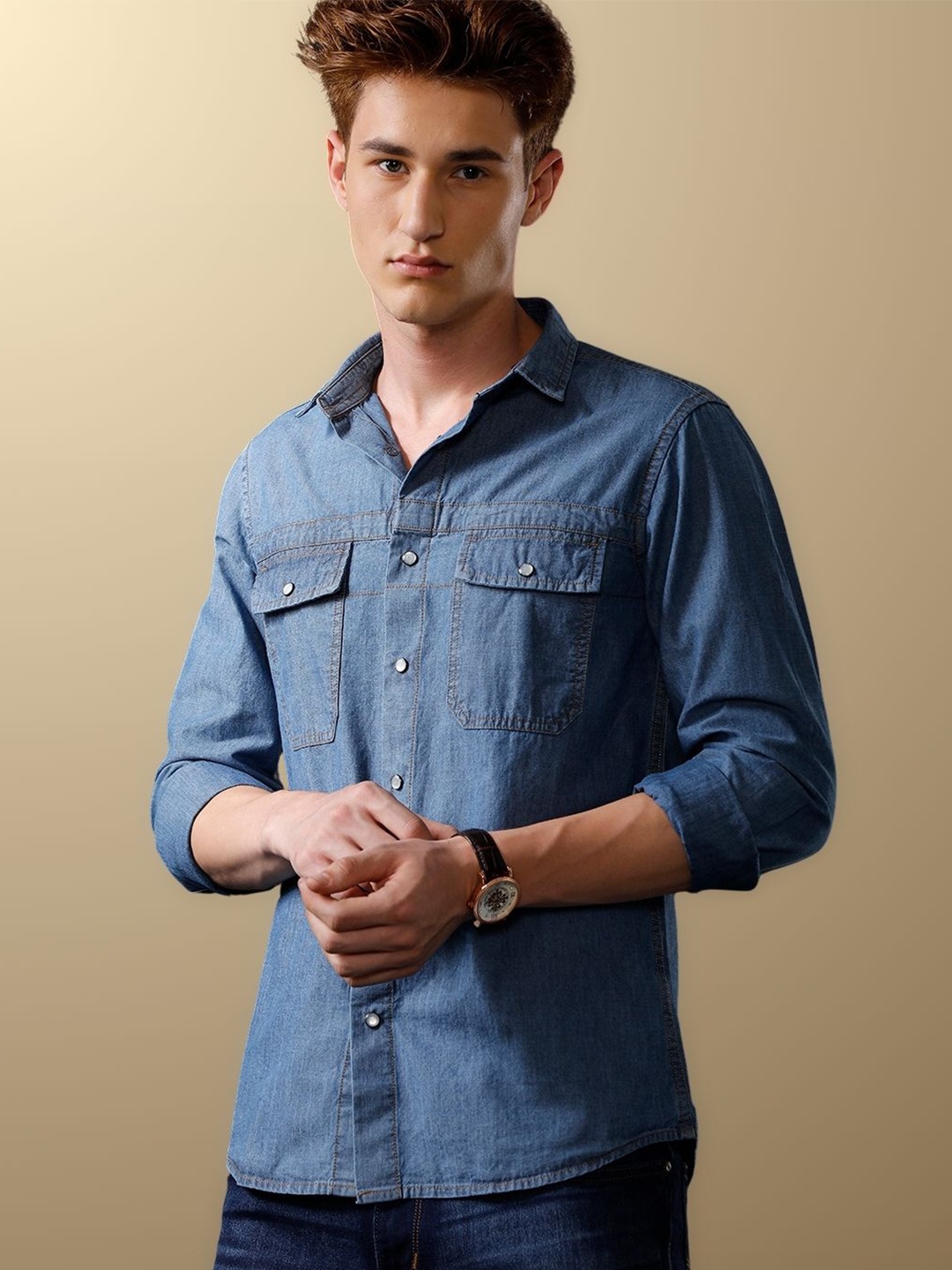 

TEMPLE OF DENIM Men India Slim Cutaway Collar Solid Denim Casual Shirt, Blue