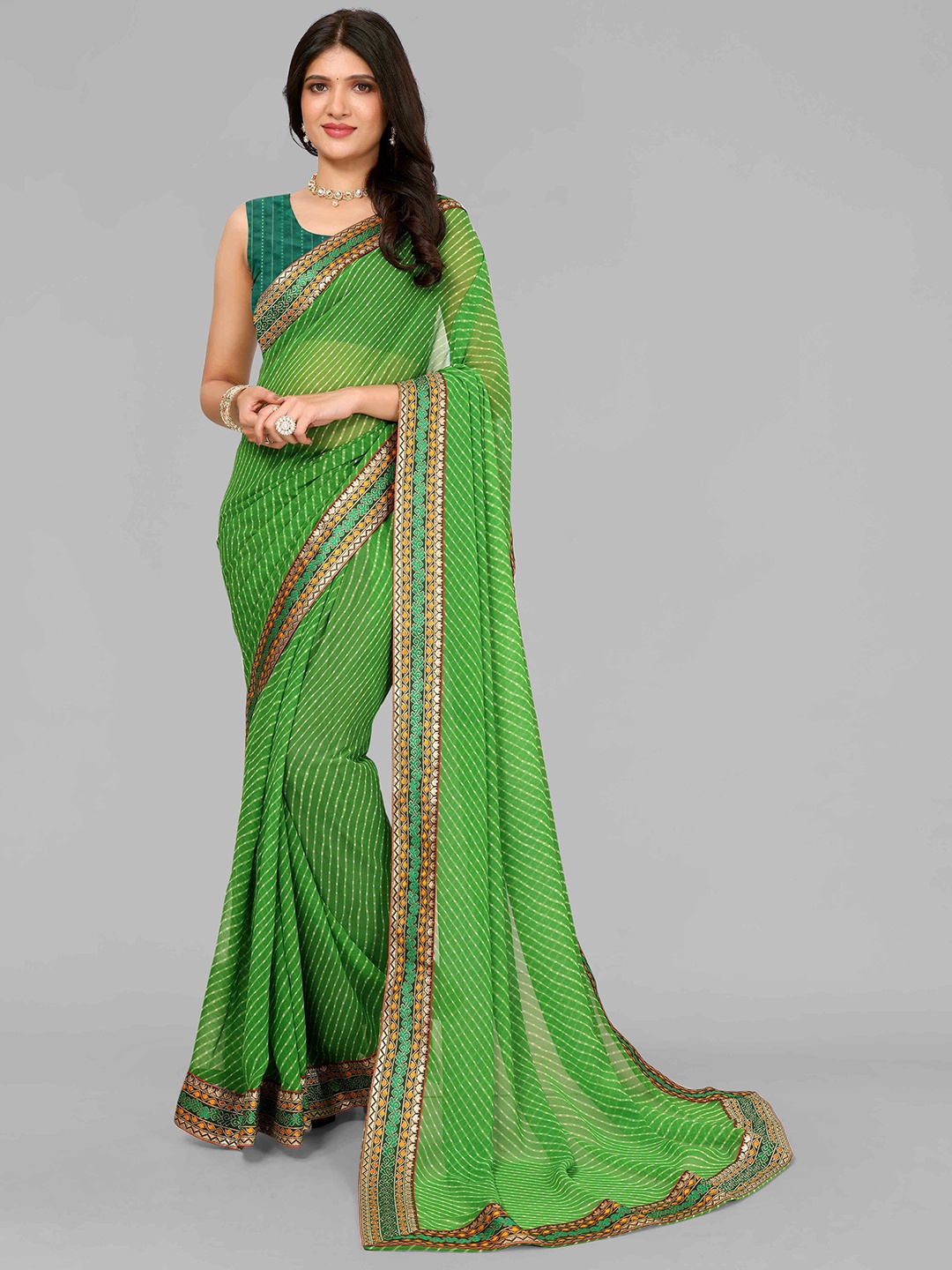 

saretramall Leheriya Printed Pure Georgette Leheriya Saree, Green