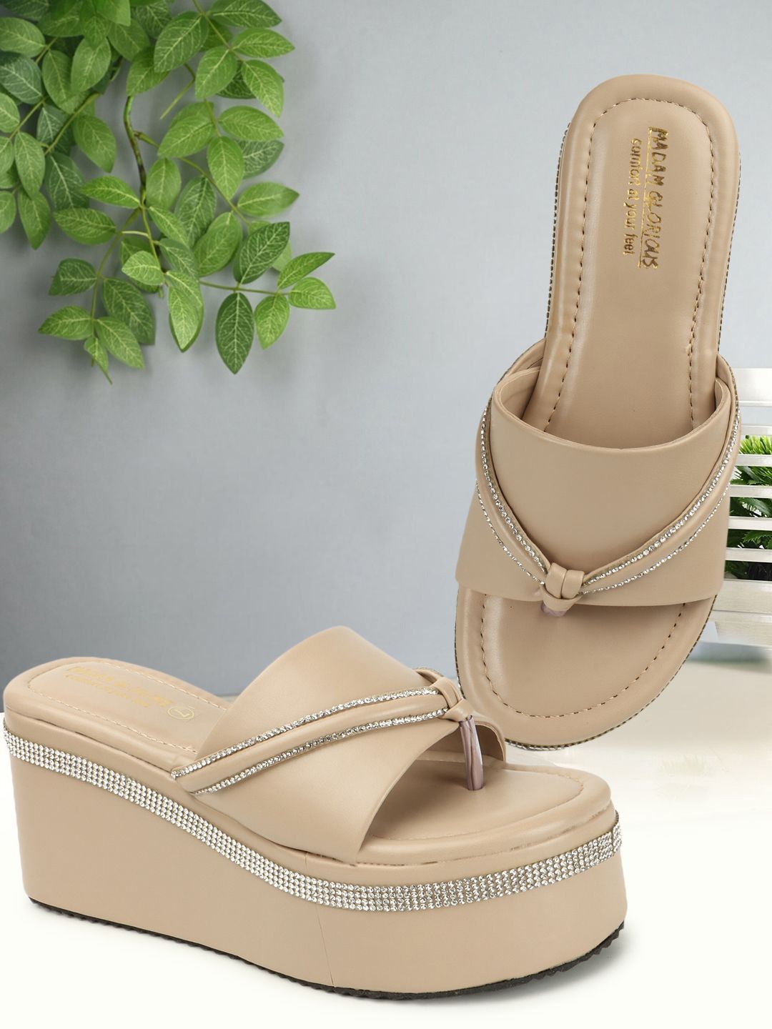

madam glorious Women Embellished Wedge Sandals, Beige