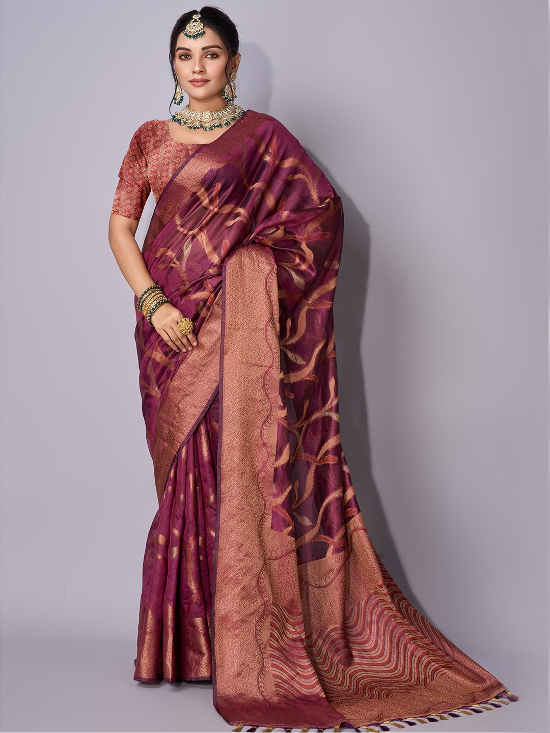 

KALINI Woven Design Zari Organza Saree, Purple