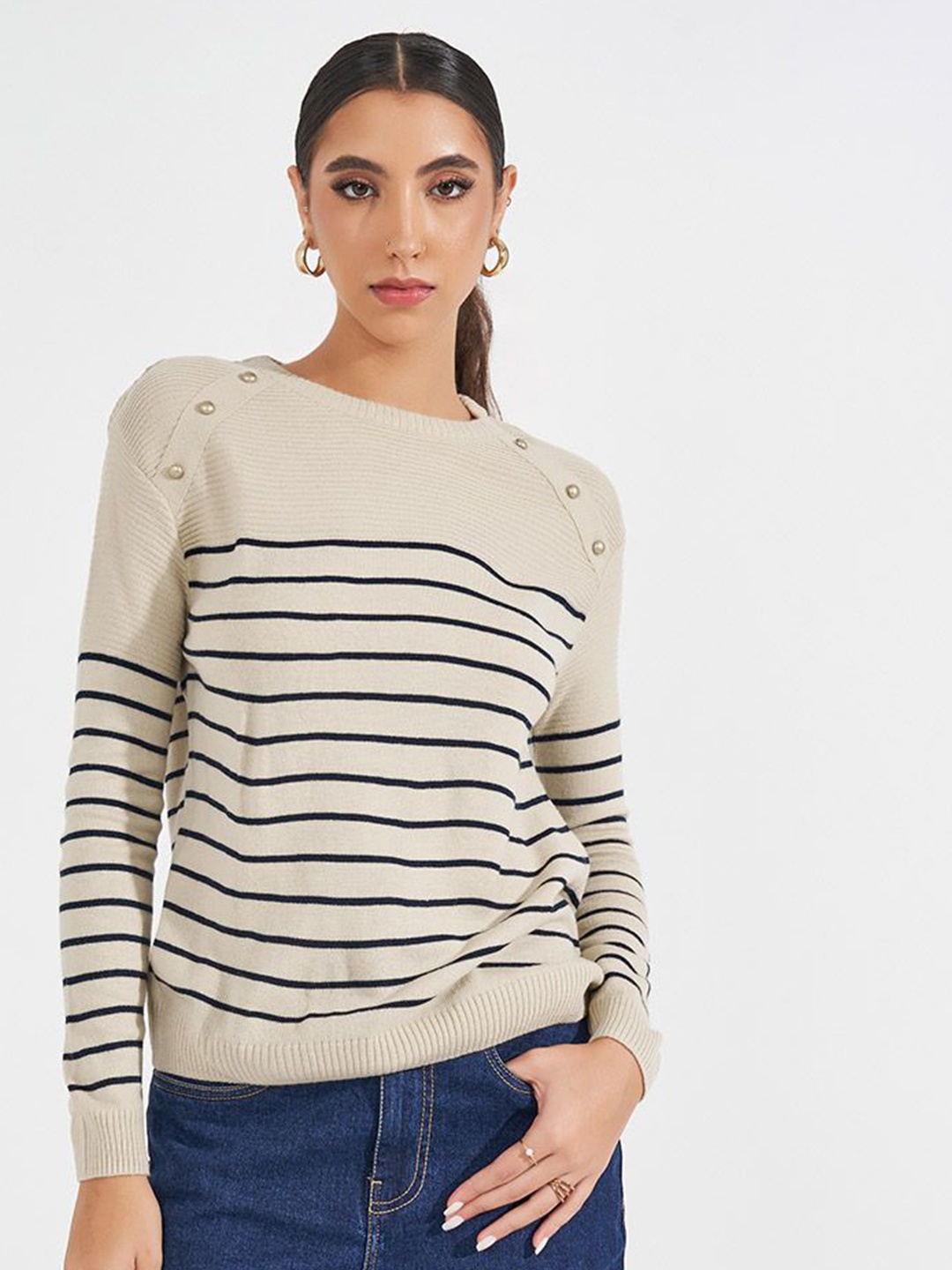 

Styli Women Regular Fit Regular Length Striped Sweater With Shoulder Buttons, Beige