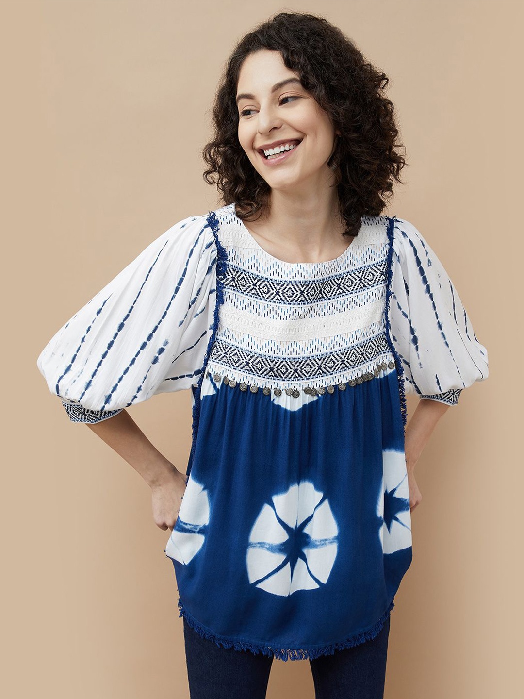 

Colour Me by Melange Women Abstract Printed Round Neck Top, Navy blue