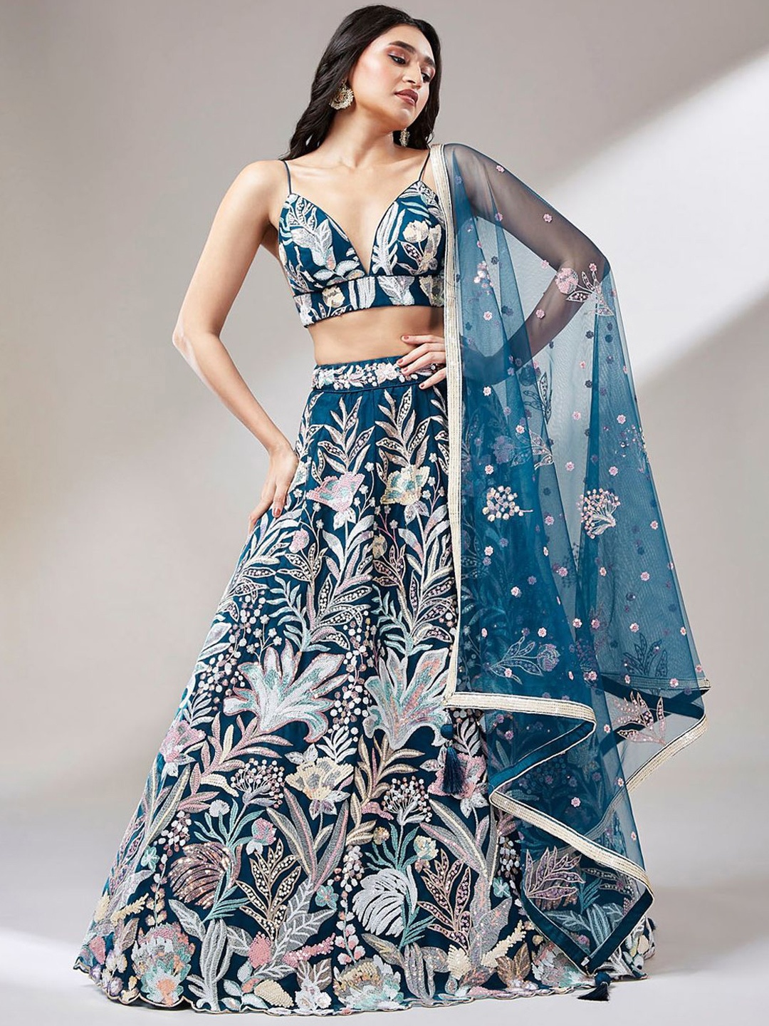 

FABPIXEL Floral Embroidered Sequinned Semi-Stitched Lehenga & Unstitched Blouse & Dupatta, Blue