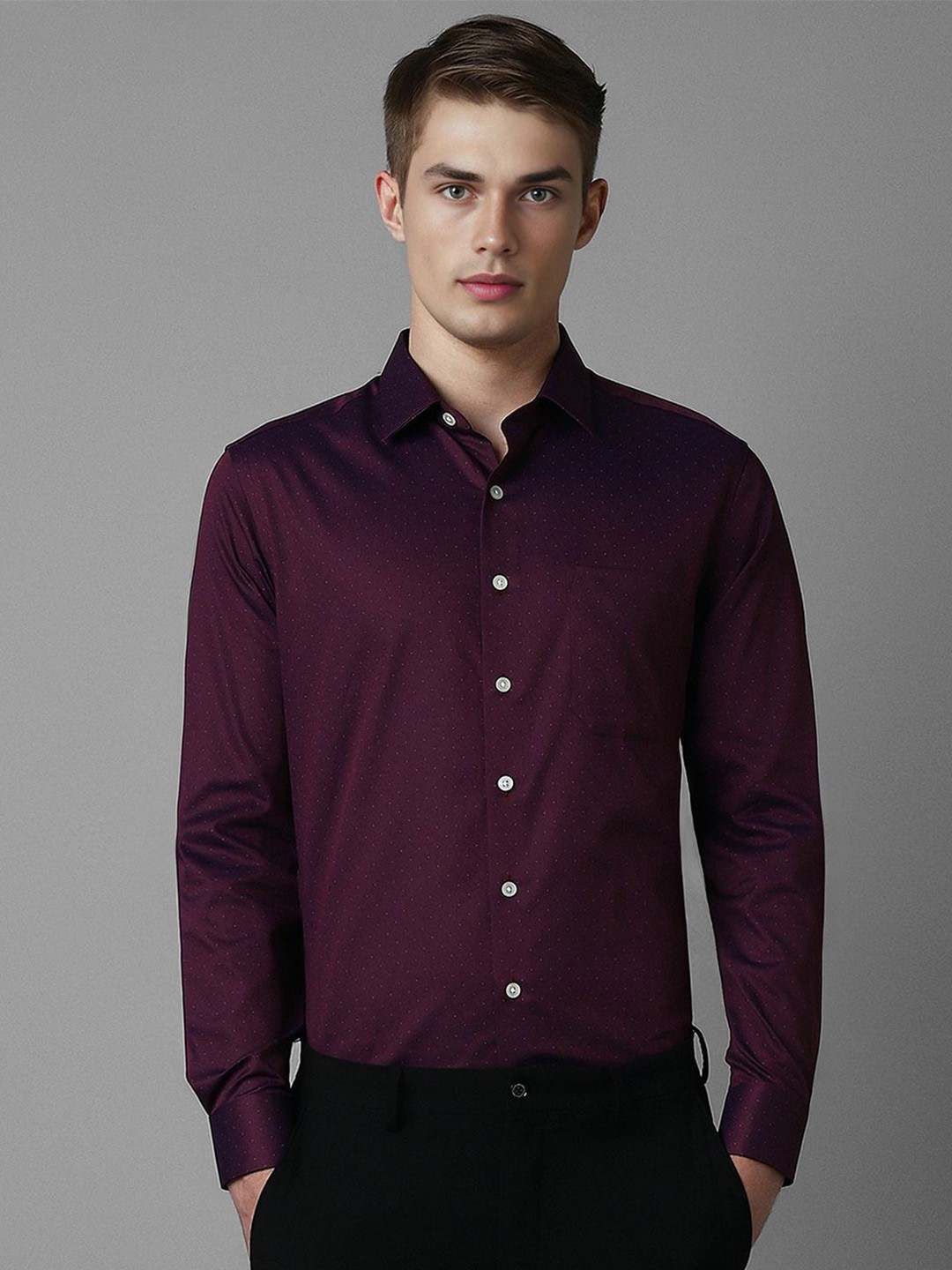 

Louis Philippe Men Spread Collar Textured Printed Cotton Slim Fit Formal Shirt, Purple
