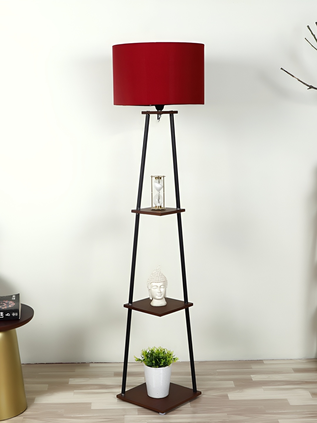 

pristine interiors Black & Maroon 3-Tired Wooden Shelf Floor Lamp
