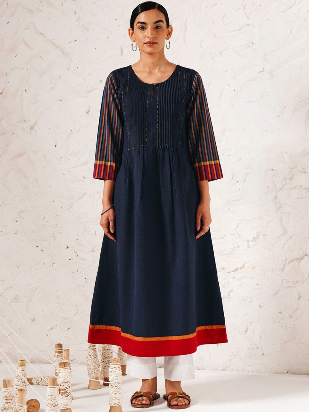 

JAYPORE Striped Embroidered Thread Work Pure Cotton A-Line Kurta, Blue
