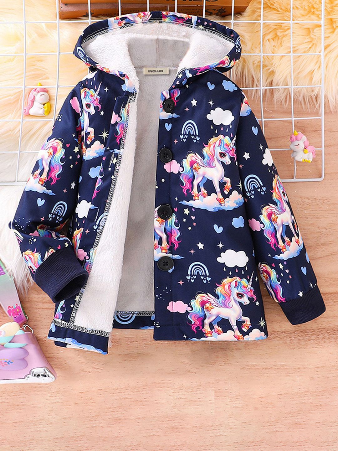 

INCLUD Girls Printed Hooded Open Front Jacket, Navy blue