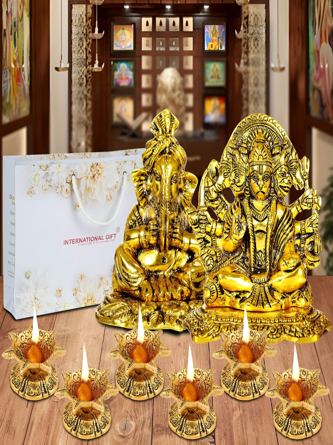 

INTERNATIONAL GIFT Gold-Toned 10 Pieces Religious Idol Showpiece With Diyas & Box