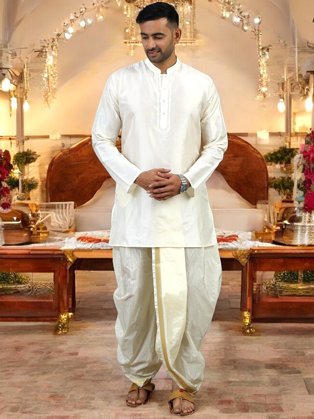 

TATTVA Regular Pure Silk Kurta with Dhoti Pants & Angavastram, White