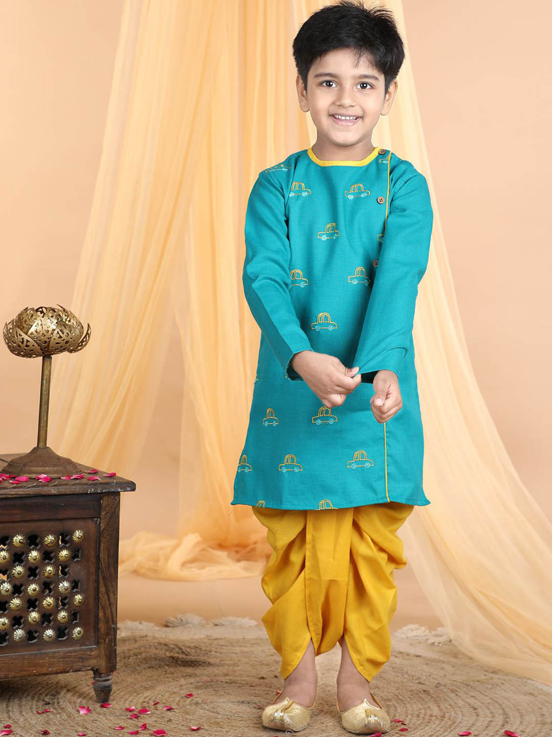 

Here&Now X Kinder Kids Boys Quirky Embroidered Angrakha Pure Cotton Kurta with Dhoti Pants, Green