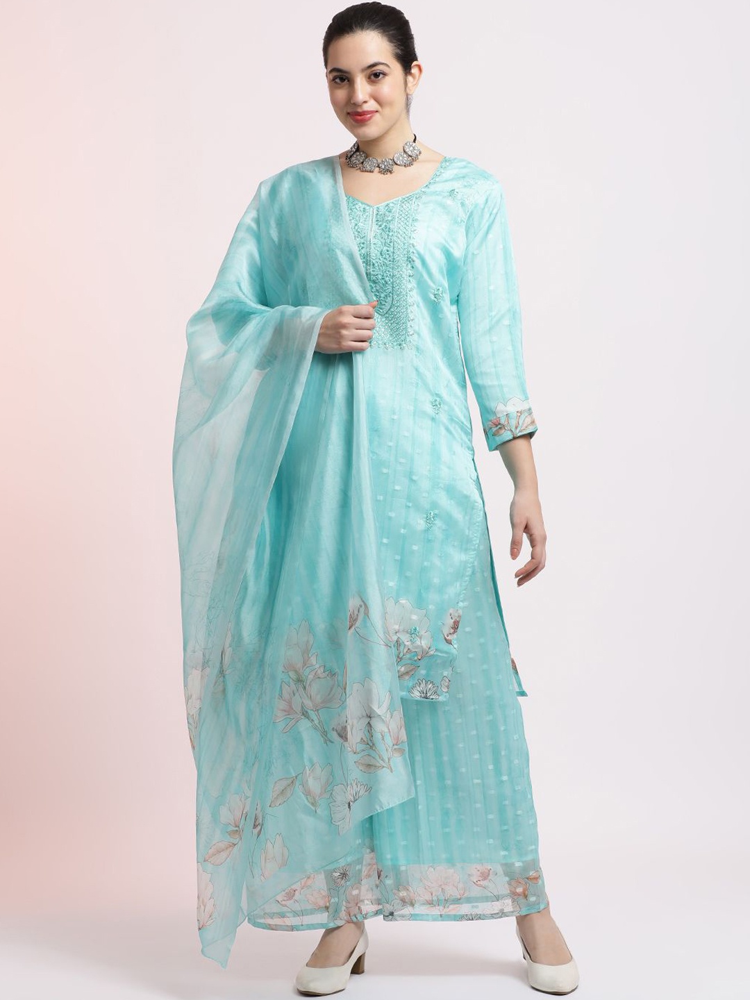 

Jaipur Kurti Woven Design Organza Kurta Set With Dupatta, Sea green