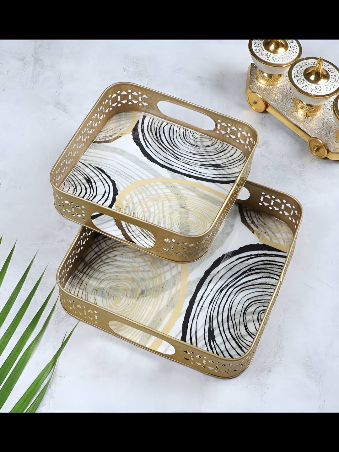 

Amaya Decors Gold-Toned & White 2 Pieces Printed Square Metal Serving Tray