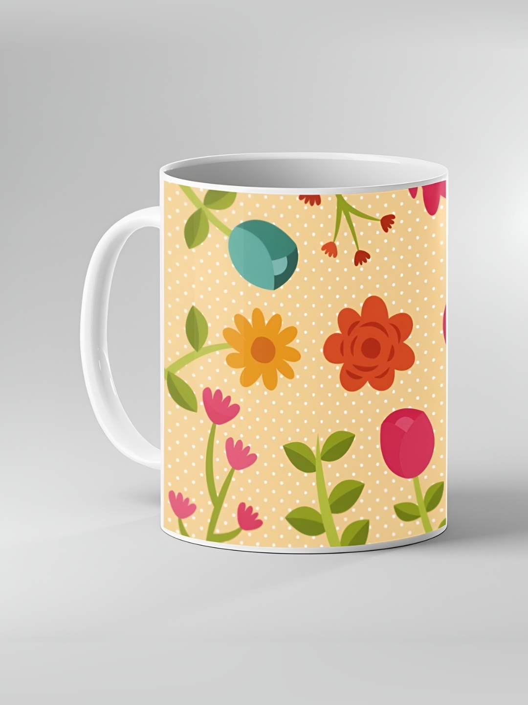 

Keviv White & Beige Printed Ceramic Glossy Mugs 325 ml