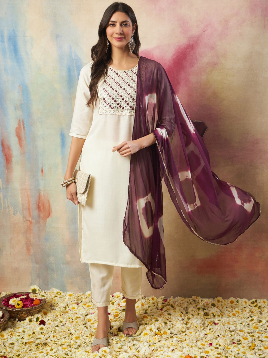 

VredeVogel Geometric Yoke Design Regular Mirror Work Kurta With Trousers & Dupatta, White