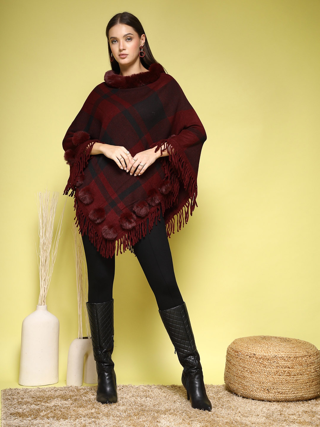 

Mafadeny Women Checked Long Sleeves Longline Poncho, Maroon