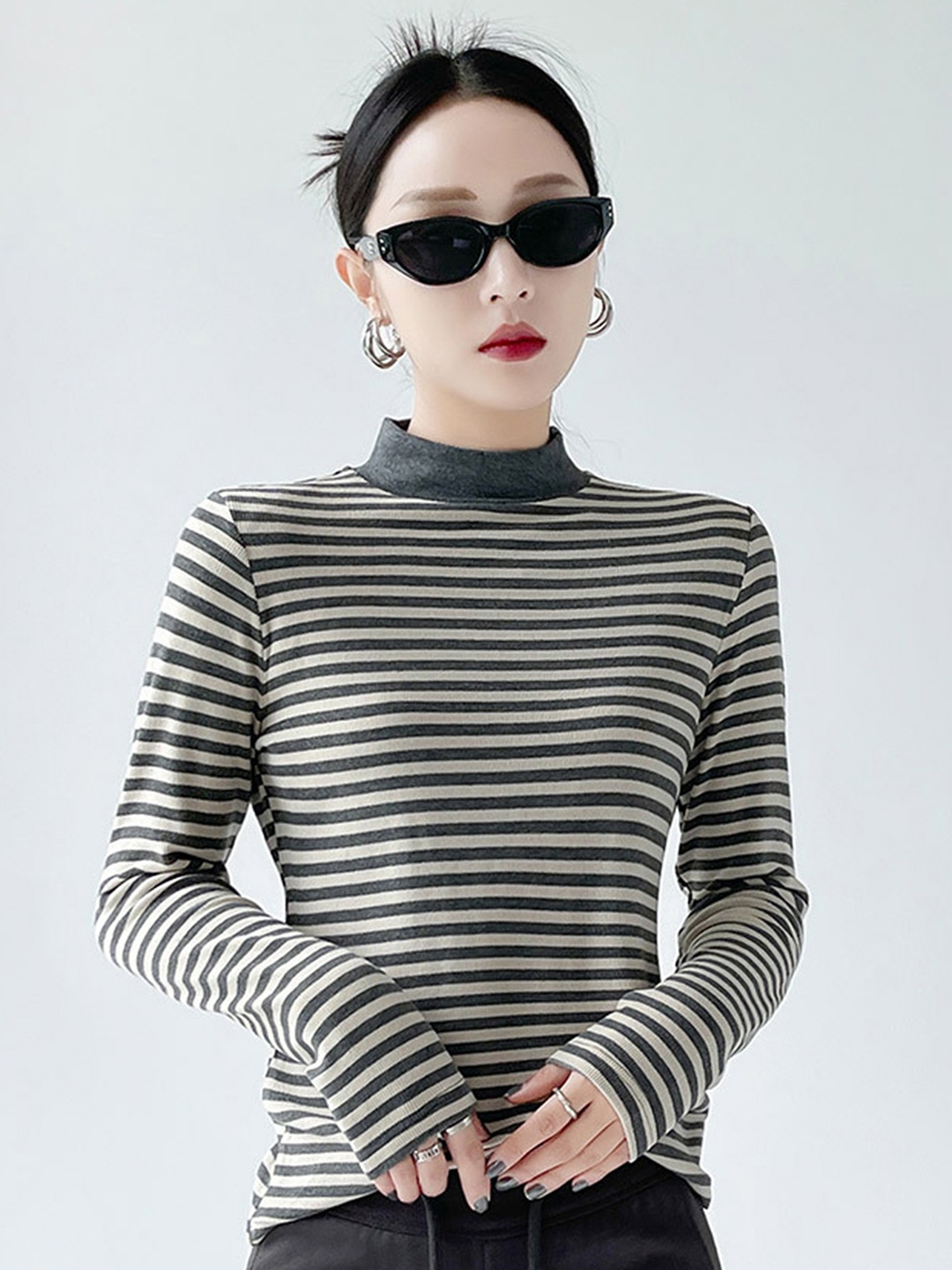 

LULU & SKY Women Horizontal Striped High Neck Top, Grey