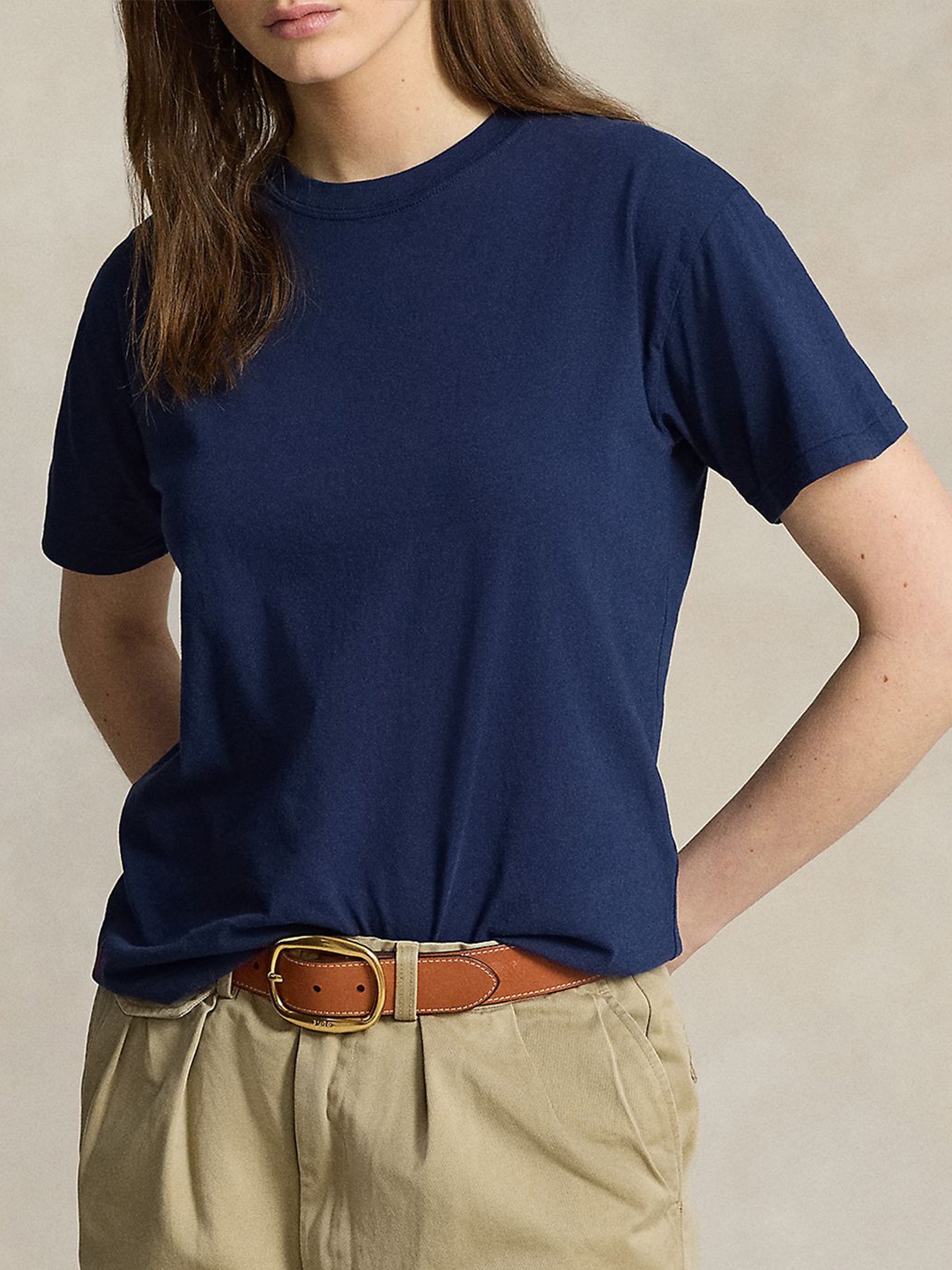 

Polo Ralph Lauren Women Solid Pure Cotton Round Neck T-shirt, Navy blue