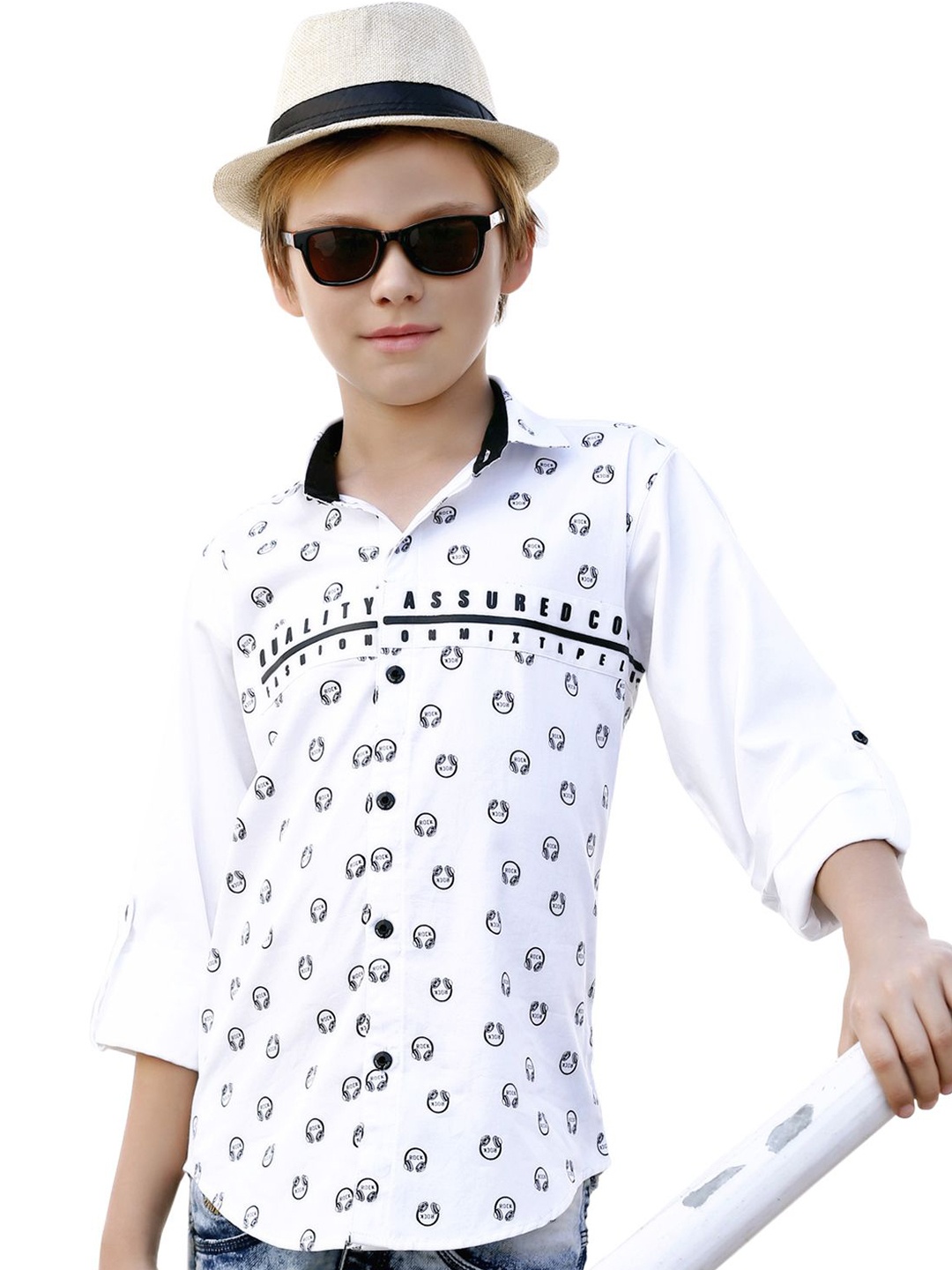 

MashUp Boys Classic Spread Collar Conversational Printed Cotton Casual Shirt, White