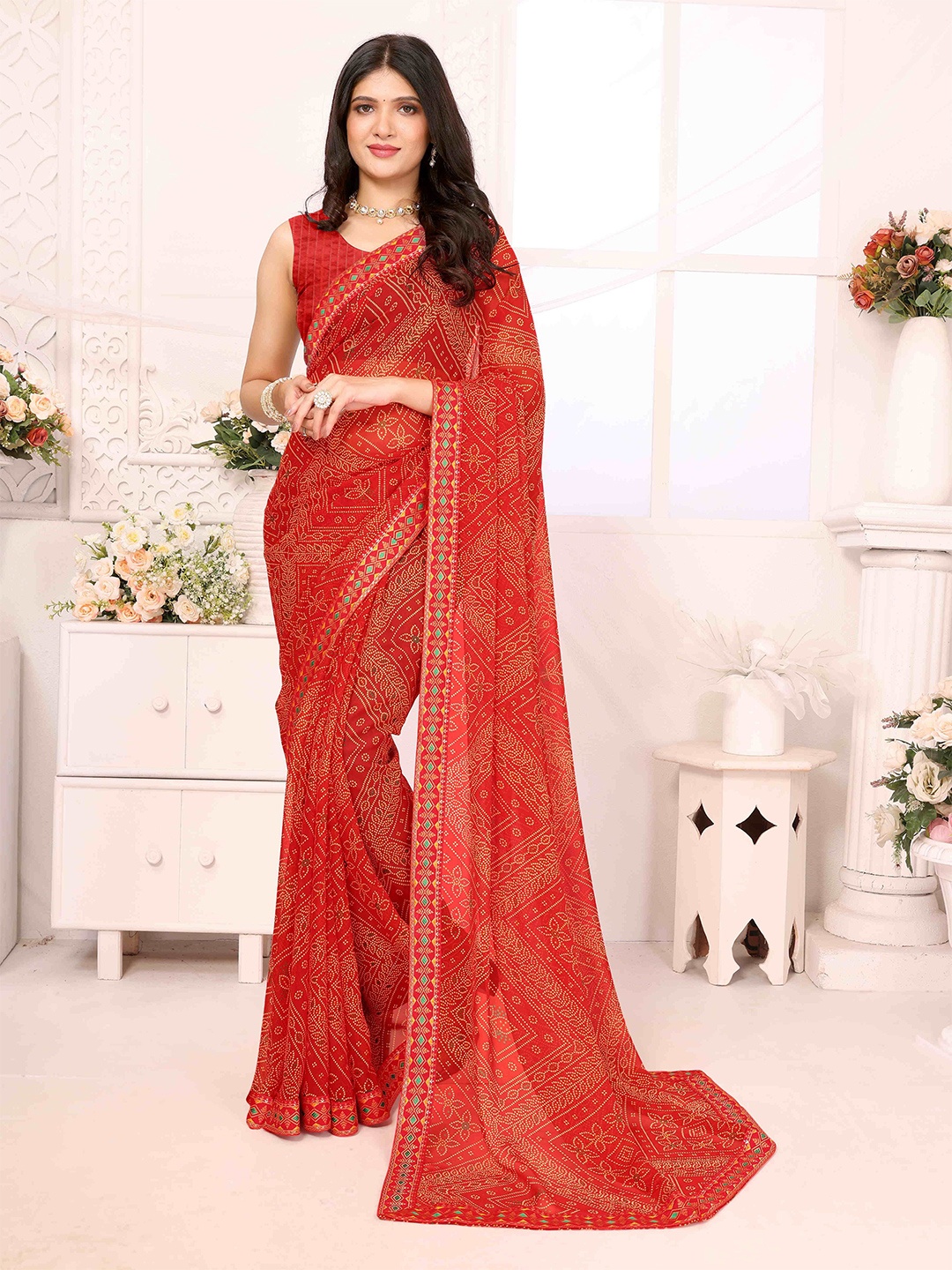 

sareyavella Bandhani Pure Georgette Designer Bandhani Saree, Red