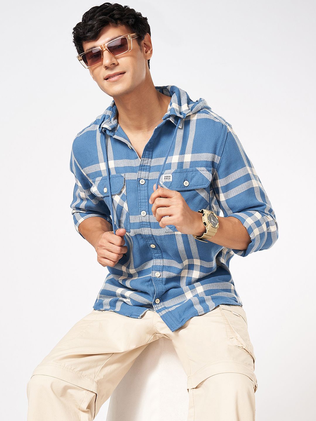 

Urban Ranger by pantaloons Men Original Hood Checked Cotton Slim Fit Casual Shirt, Blue