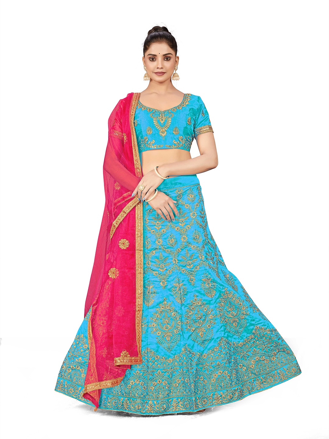 

Maroosh Embellished Thread Work Silk Unstitched Lehenga & Blouse With Dupatta, Turquoise blue