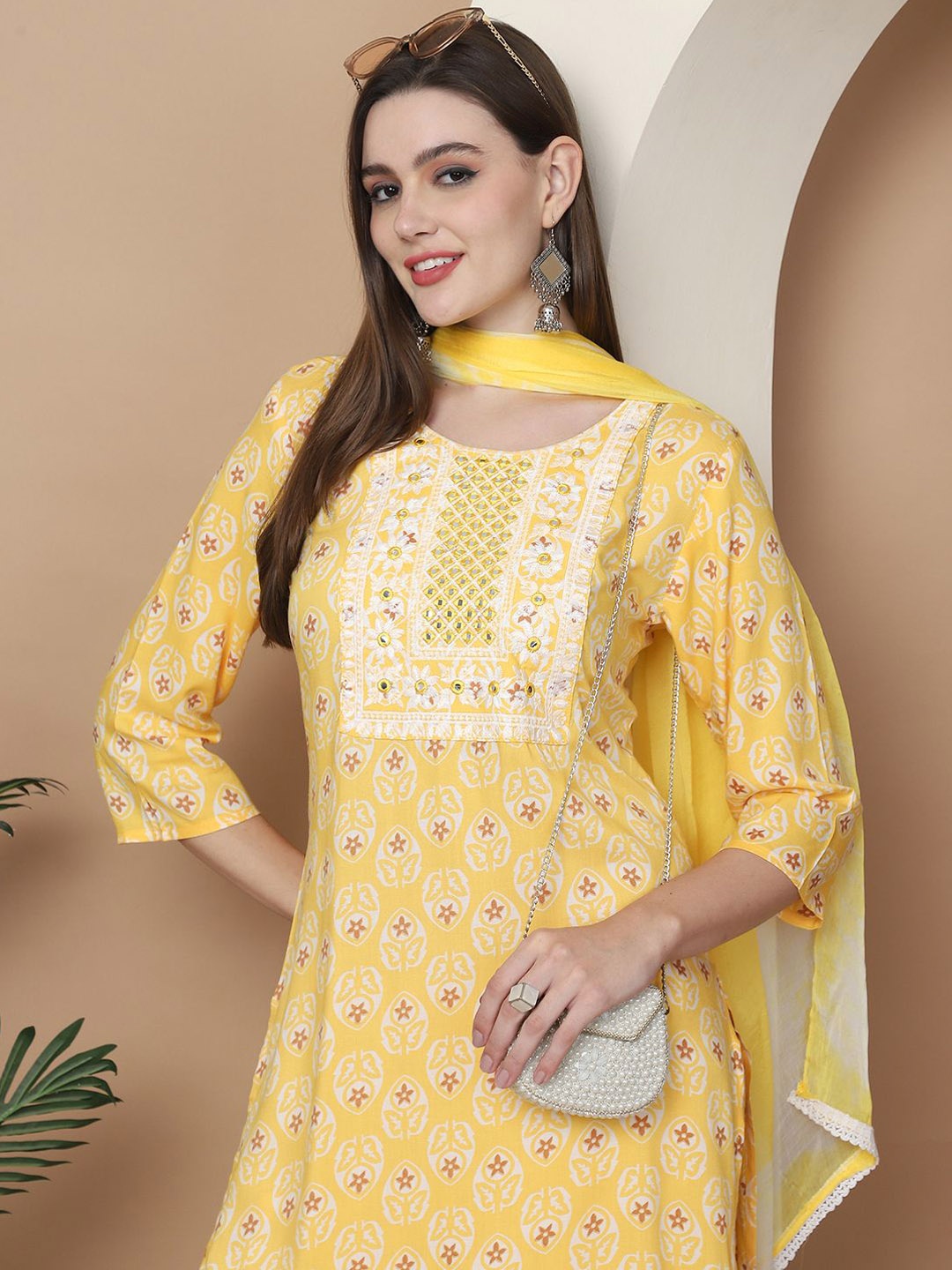 

Anouk Yellow and White Floral Printed Mirror Work Pure Cotton Kurta with Trouser & Dupatta