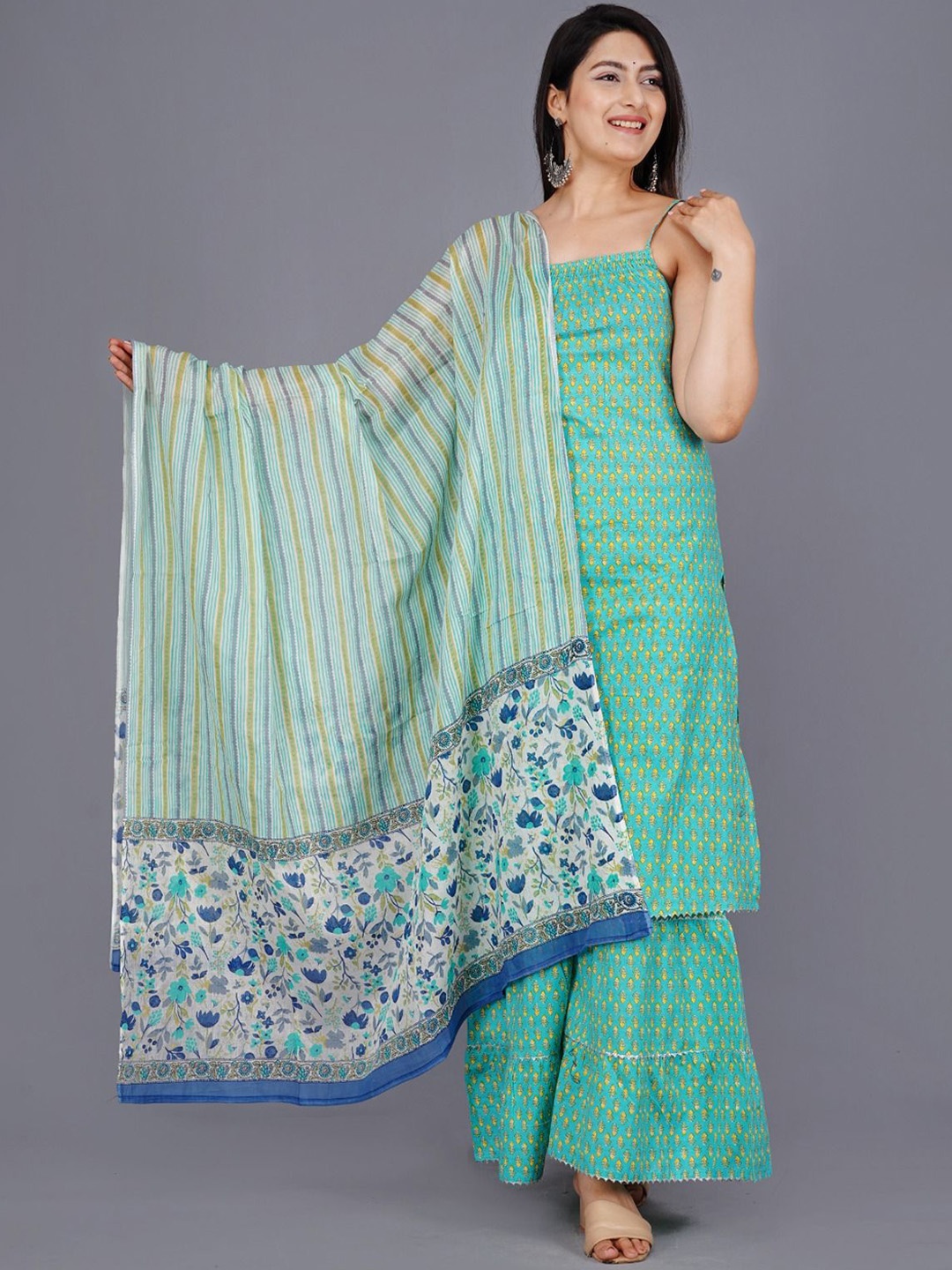 

Cloth Bites Floral Printed Regular Pure Cotton Straight Kurta with Sharara & Dupatta, Turquoise blue