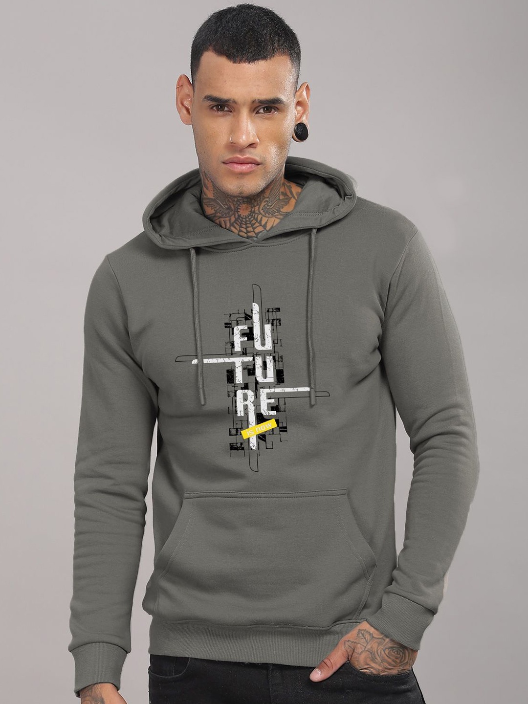 

ADRO Men Cotton Graphic Printed Long Sleeves Hooded Sweatshirt, Grey