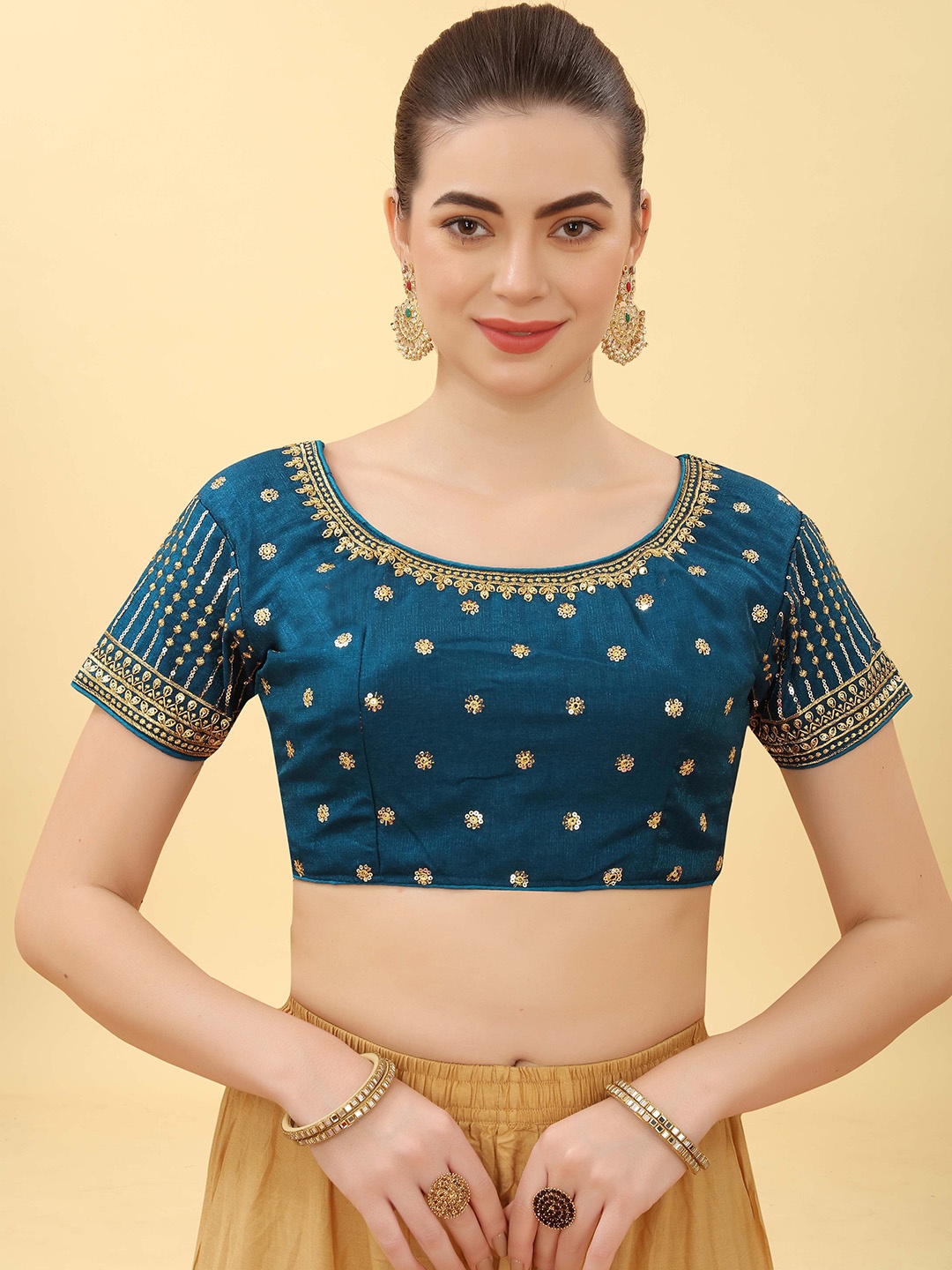

Krimmple Women Sequinned Embroidered Saree Blouse, Teal