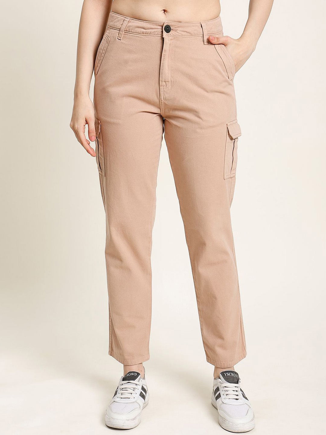 

The Roadster Lifestyle Co Women Pure Cotton Slim Fit Cargo Trousers, Beige