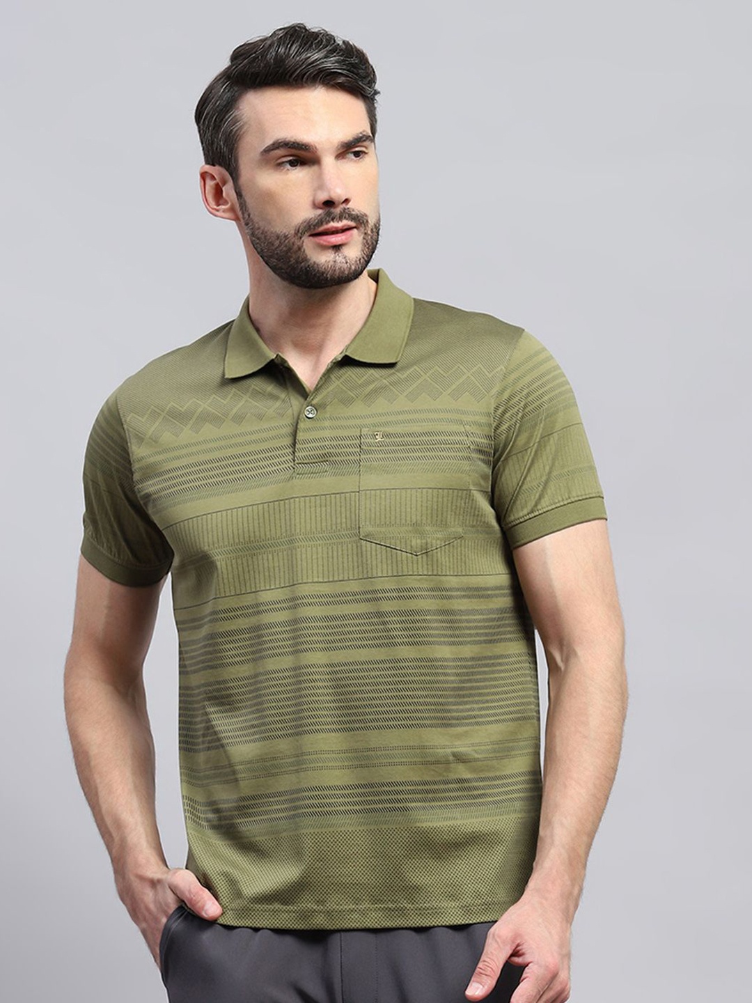 

Monte Carlo Men Self Design Polo Collar Cotton T-shirt, Olive