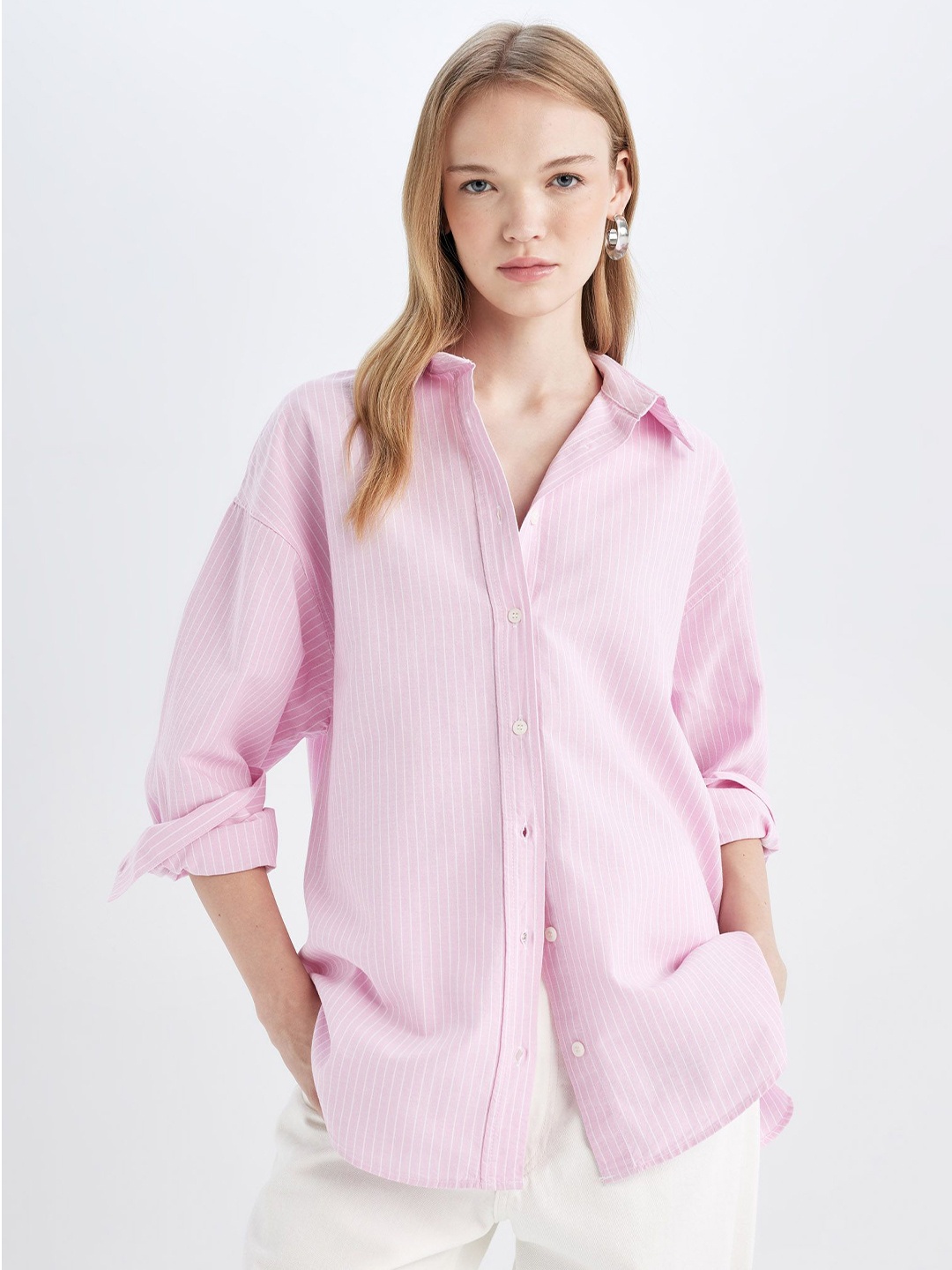 

DeFacto Women Spread Collar Pinstripes Striped Cotton Oversized Casual Shirt, Pink
