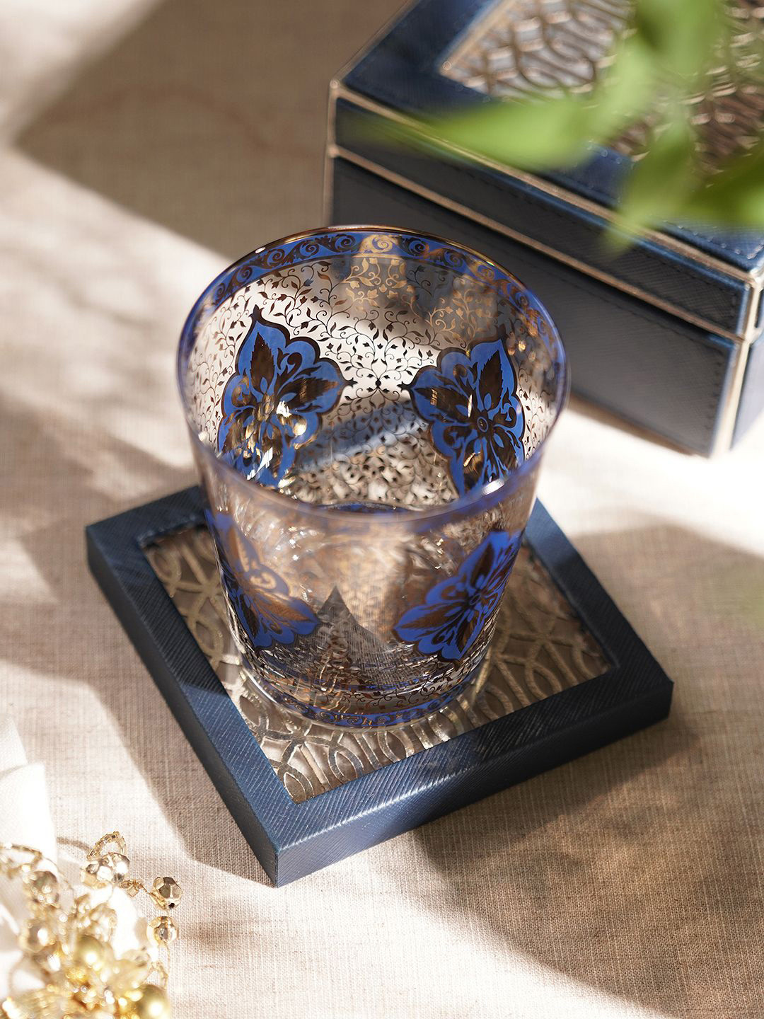 

Pure Home and Living Blue & Gold Toned Laser Cut Square Shape Coasters