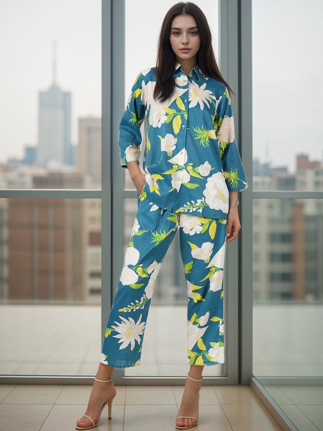 

BAESD Floral Printed Shirt With Palazzos, Blue