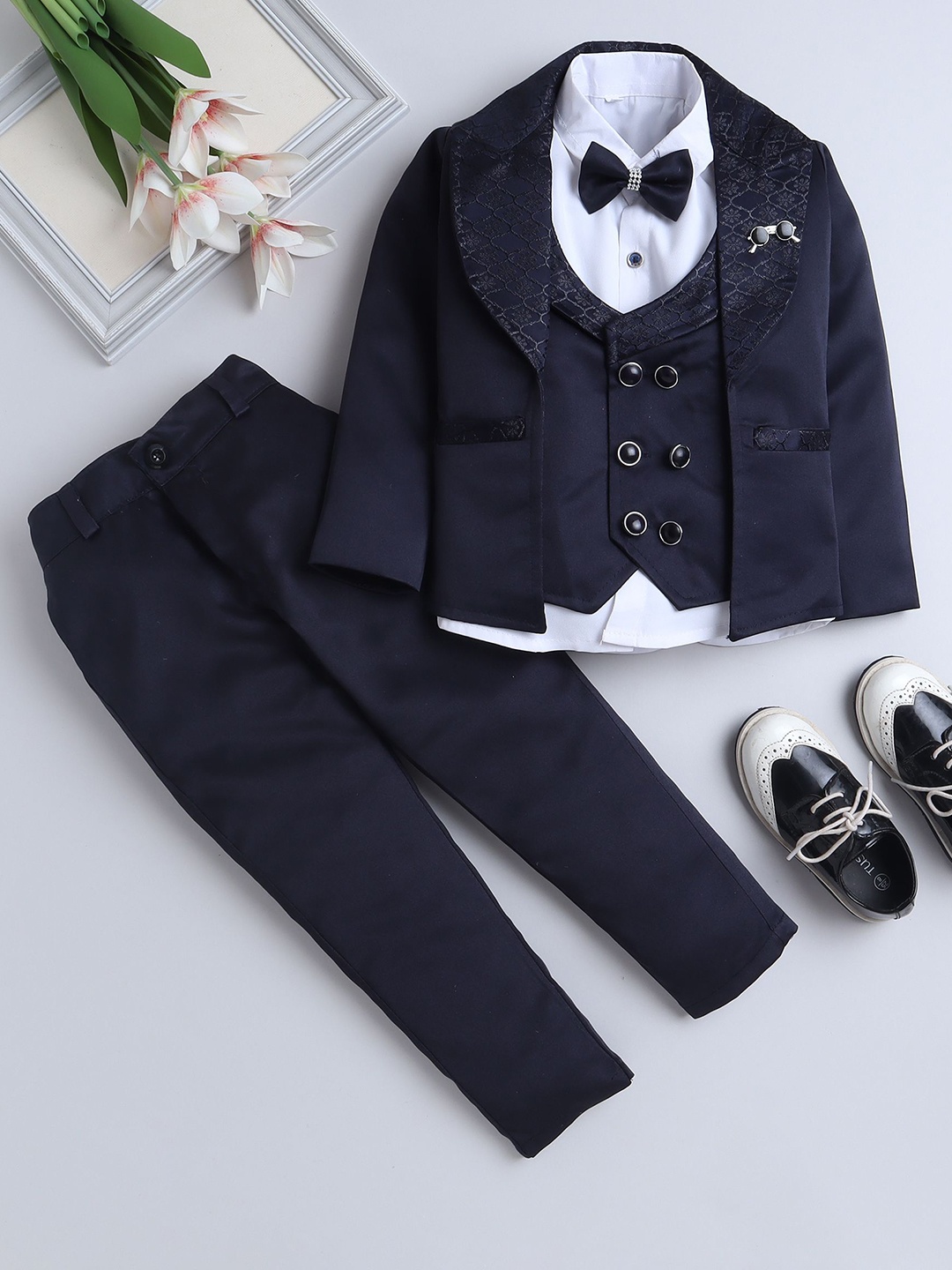 

FOURFOLDS Boys Double-Breasted Notched Lapel Collar Shirt And Trouser With Blazer, Navy blue