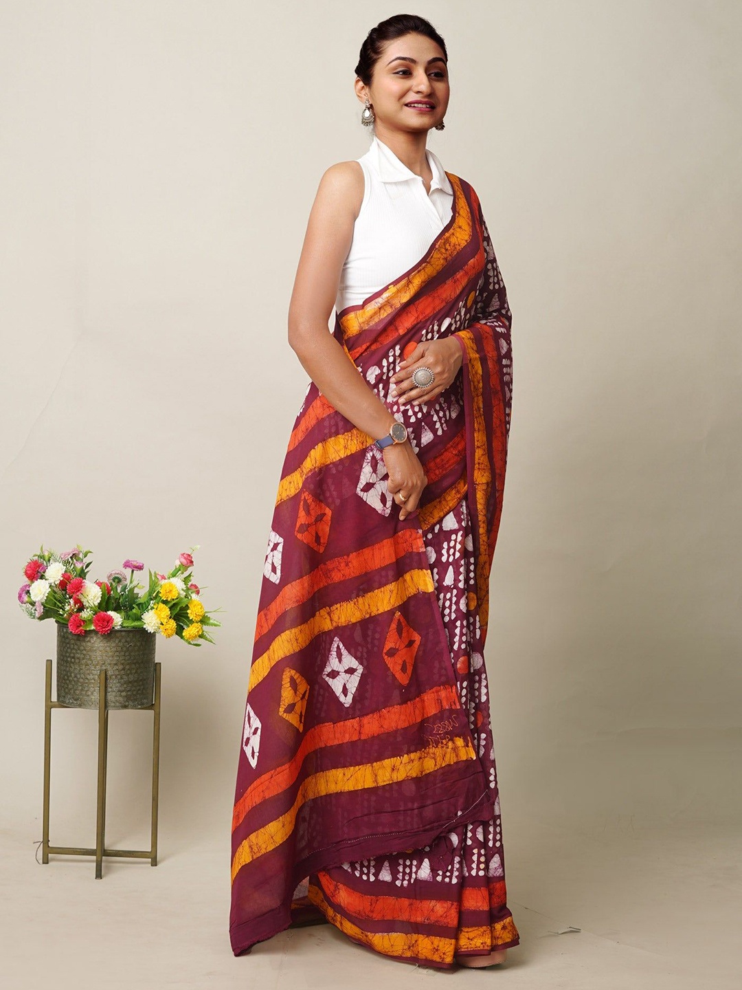 

Unnati Silks Ethnic Motifs Pure Cotton Handloom Block Print Saree, Maroon